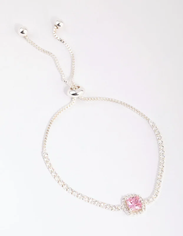 Bracelets with sunstone gems for fiery shine -Silver Cubic Zirconia Square Halo Toggle Bracelet