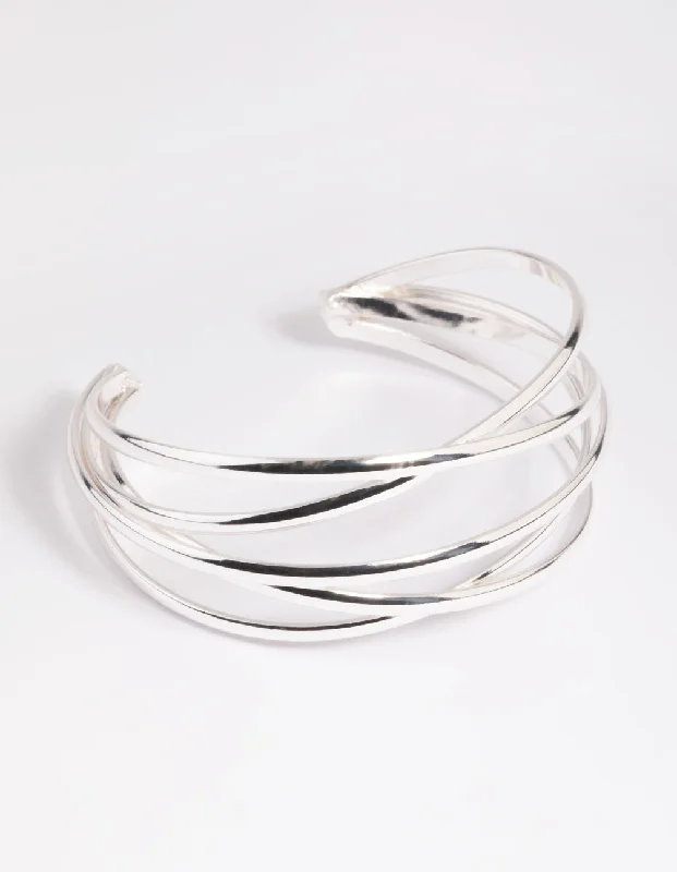 Bangles with engraved floral patterns for elegance -Silver Cross Over Cuff Bracelet