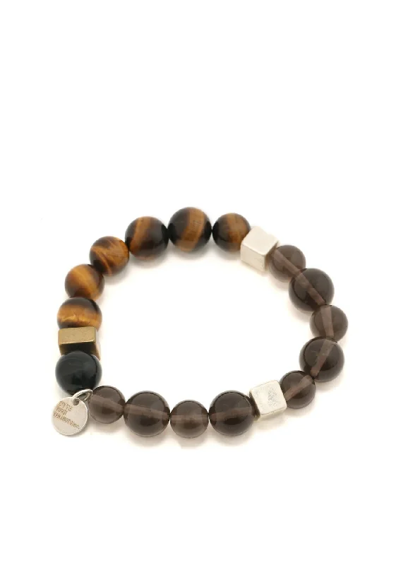 Bracelets with turquoise beads for boho vibes -TIGER'S EYE+SMOKY QUARTZ BRASS BRACELET