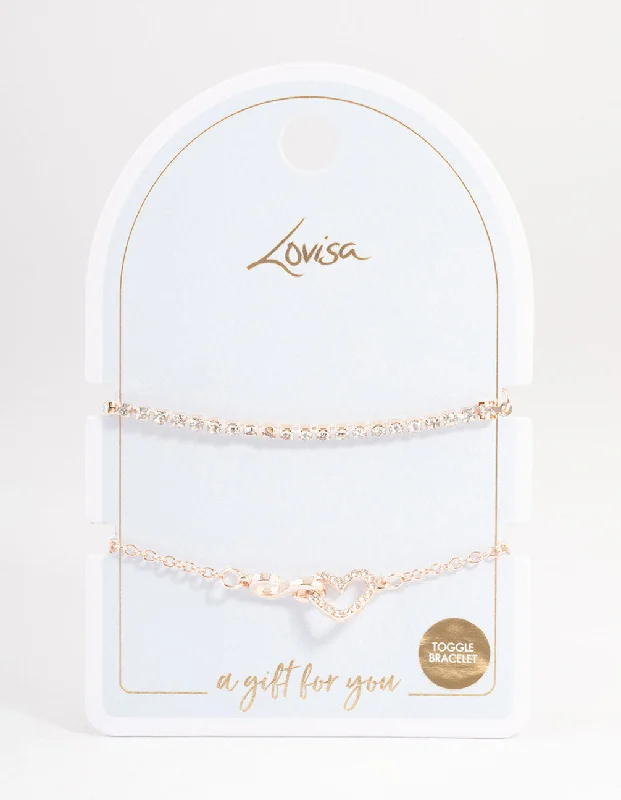 Bangles with aquamarine stones for sea hues -Rose Gold Cupchain Diamante Heart Bracelet Pack