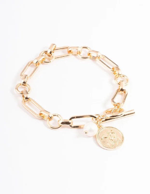 Bracelets with branch patterns for nature flair -Gold Chunky Coin & Pearl Bracelet