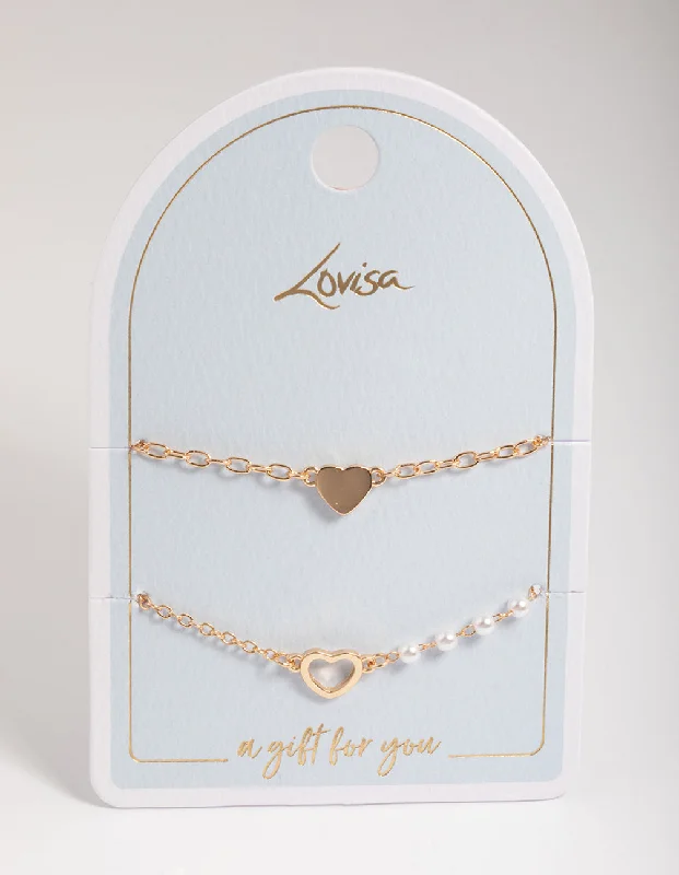 Bracelets with engraved messages for sentiment -Gold Open Heart & Pearl Bracelet Pack