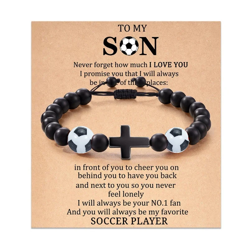 Bracelets with knot accents for symbolic charm -Wholesale Black Stone Beads Braided Adjustable Bracelet with Cardboard Football Beads Cross Bracelet