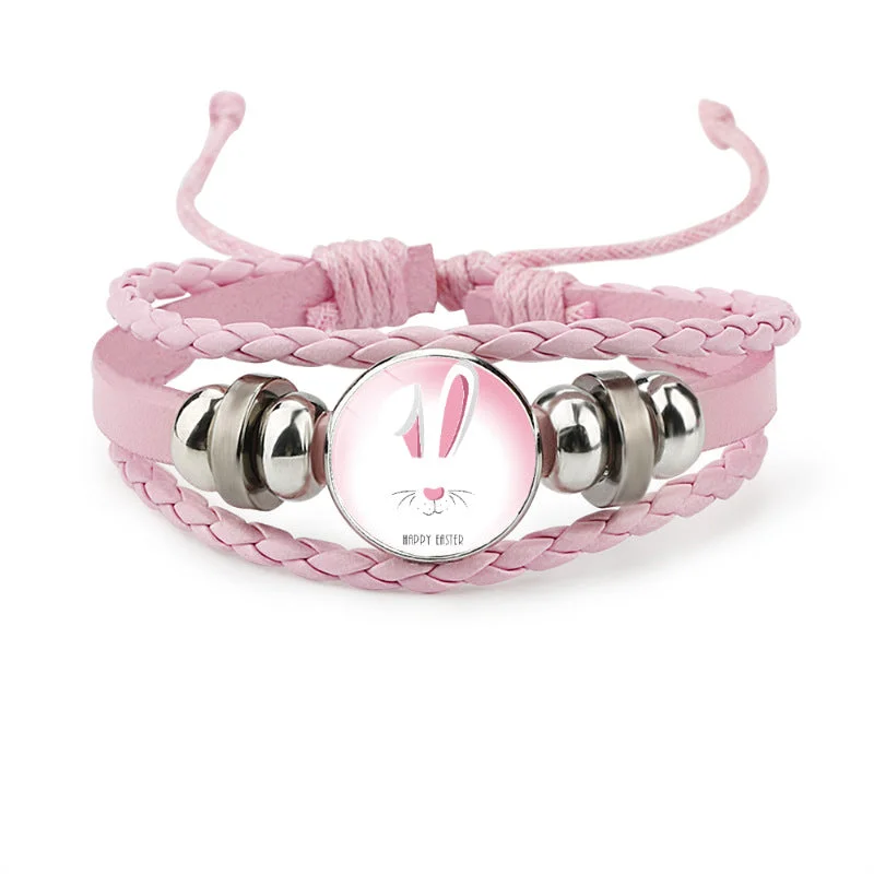 Bangles with topaz gems for icy blue -Wholesale Easter Rabbit Time Gemstone Pink Leather Multi Layer Woven Bracelet