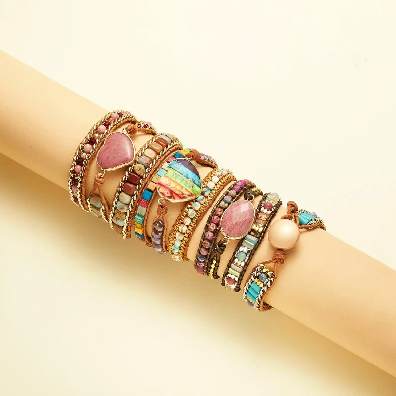 Bracelets with etched floral bands for detail -Wholesale Love Leather Colorful Stone Metal Wrapped Bracelets