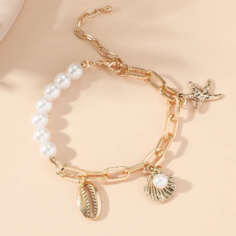 Bracelets with engraved constellations for stargazers -Wholesale Ocean Series Beach Starfish Shell Pendant Pearl Stitching Bracelet