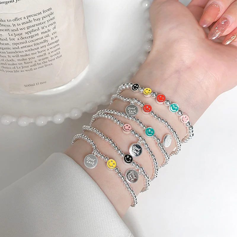 Bracelets with open cuff for easy wear -Wholesale S925 Silver Color Smiley Face Ball Bead Bracelet