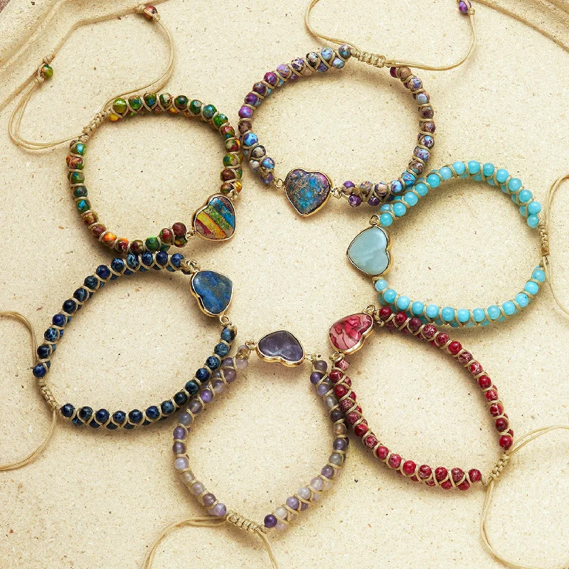 Bracelets with polished turquoise for boho style -Wholesale Woven Heart Shaped Stone Bracelets