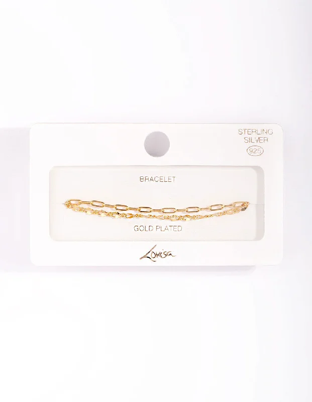 Bangles with herkimer diamonds for raw clarity -Gold Plated Sterling Silver Mixed Chain Double Row Bracelet